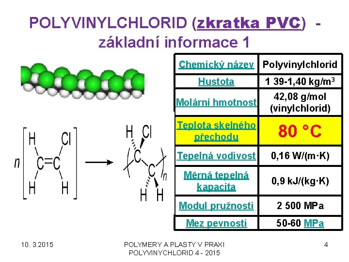 POLYVINYLCHLORID (zkratka PVC) - základní informace 1 Chemický název Polyvinylchlorid 10. 3. 2015 Hustota