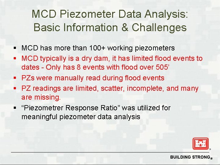 MCD Piezometer Data Analysis: Basic Information & Challenges § MCD has more than 100+ MCD Piezometer Data Analysis: Basic Information & Challenges § MCD has more than 100+