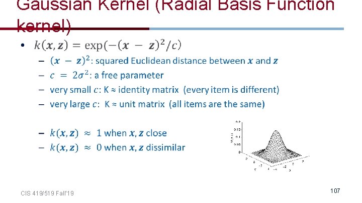 Gaussian Kernel (Radial Basis Function kernel) • CIS 419/519 Fall’ 19 107 