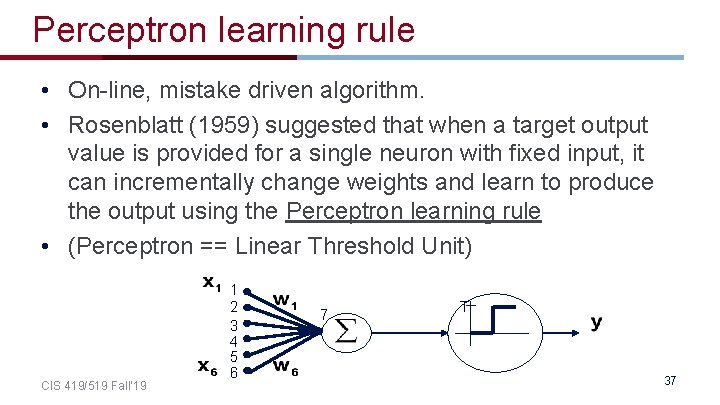 Perceptron learning rule • On-line, mistake driven algorithm. • Rosenblatt (1959) suggested that when