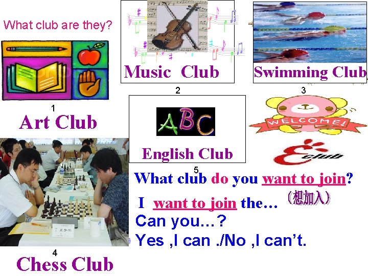 What club are they? Music Club 2 Swimming Club 3 1 Art Club 4