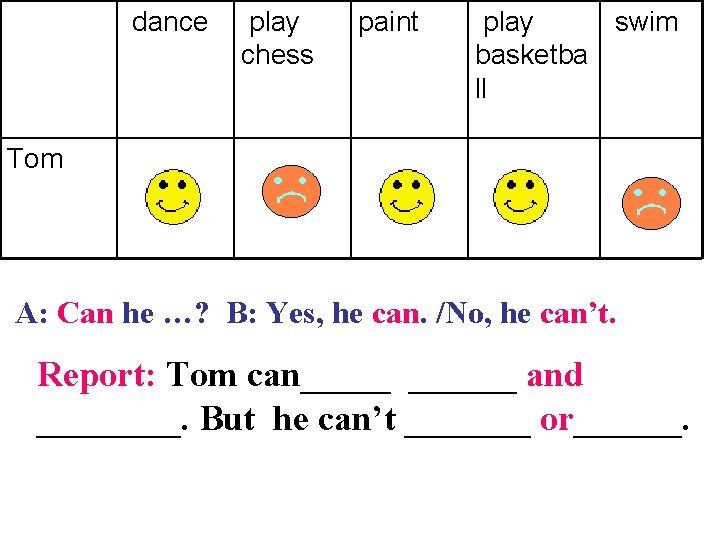 dance play chess paint play swim basketba ll Tom A: Can he …? B: