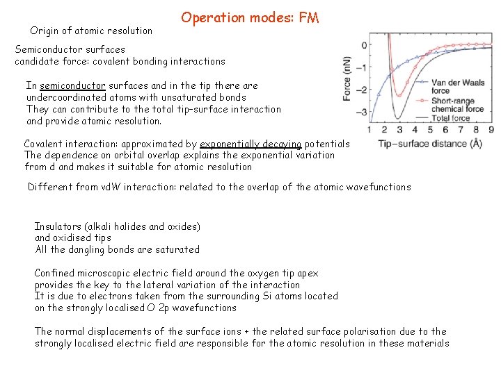 Origin of atomic resolution Operation modes: FM Semiconductor surfaces candidate force: covalent bonding interactions