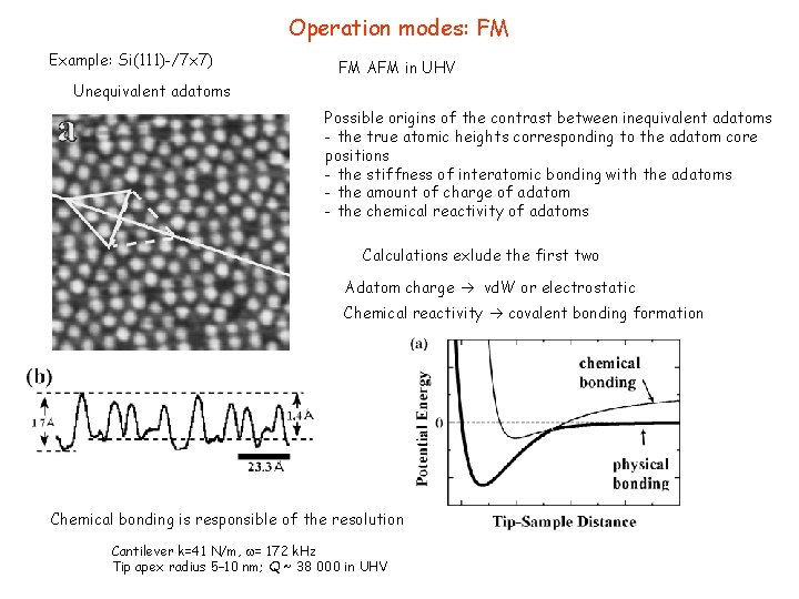 Operation modes: FM Example: Si(111)-/7 x 7) FM AFM in UHV Unequivalent adatoms Possible