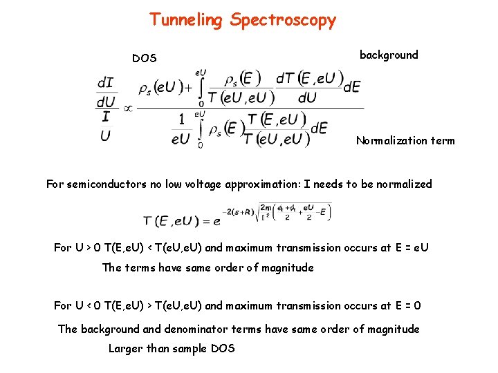 Tunneling Spectroscopy DOS background Normalization term For semiconductors no low voltage approximation: I needs