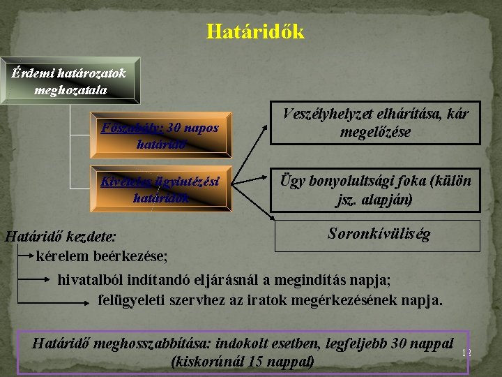 Határidők Érdemi határozatok meghozatala Főszabály: 30 napos határidő Kivételes ügyintézési határidők Határidő kezdete: kérelem