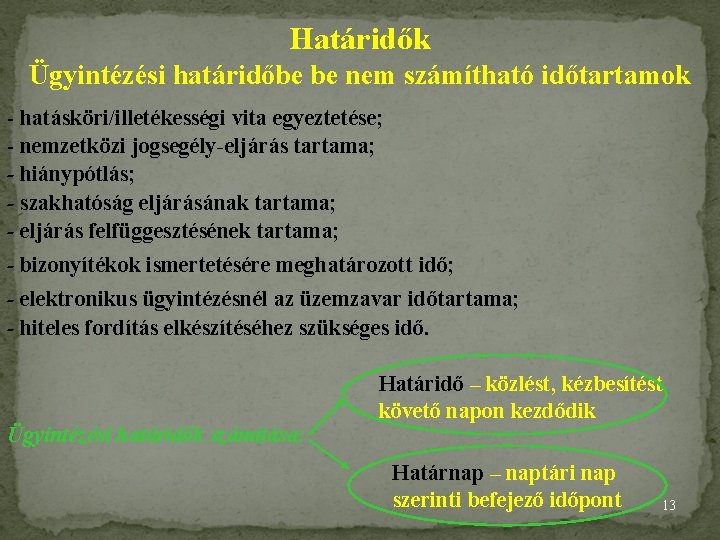 Határidők Ügyintézési határidőbe be nem számítható időtartamok - hatásköri/illetékességi vita egyeztetése; - nemzetközi jogsegély-eljárás