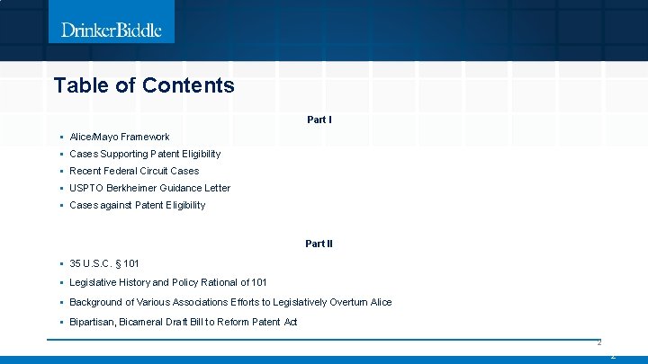 Table of Contents Part I § Alice/Mayo Framework § Cases Supporting Patent Eligibility §