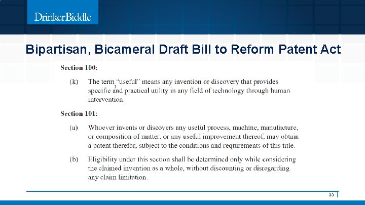 Bipartisan, Bicameral Draft Bill to Reform Patent Act 33 | 