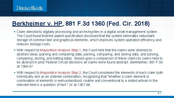 Berkheimer v. HP, 881 F. 3 d 1360 (Fed. Cir. 2018) § Claim directed