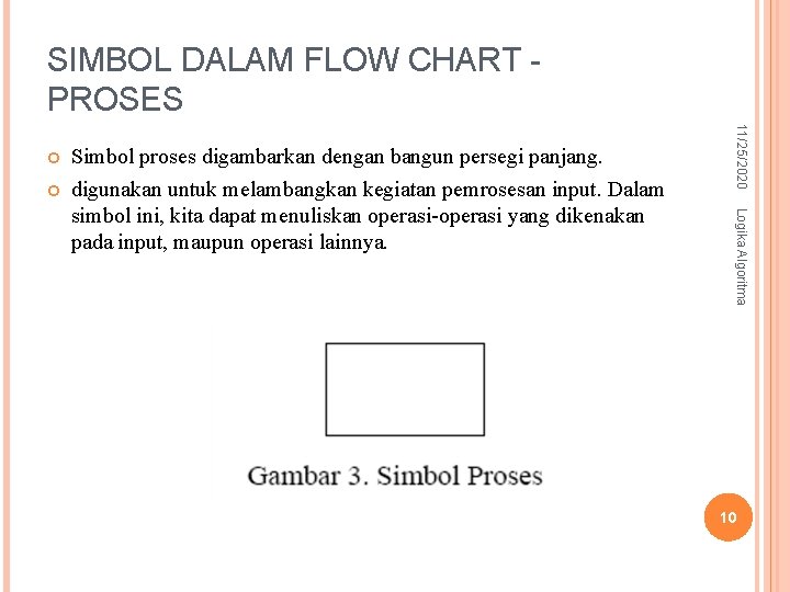 SIMBOL DALAM FLOW CHART PROSES Logika Algoritma Simbol proses digambarkan dengan bangun persegi panjang.