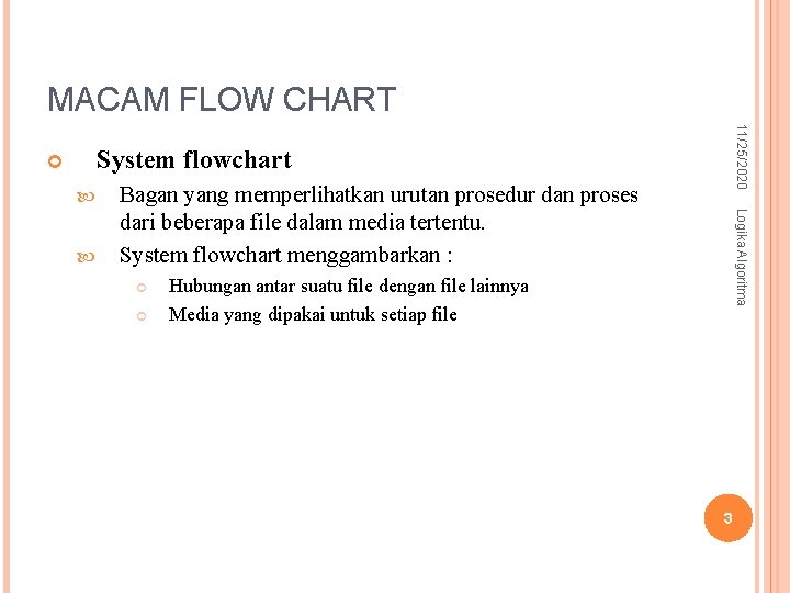 MACAM FLOW CHART 11/25/2020 System flowchart Logika Algoritma Bagan yang memperlihatkan urutan prosedur dan