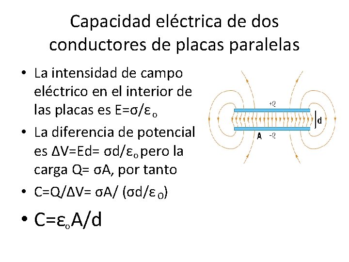 Capacidad eléctrica de dos conductores de placas paralelas • La intensidad de campo eléctrico