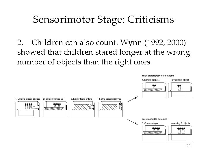 Sensorimotor Stage: Criticisms 2. Children can also count. Wynn (1992, 2000) showed that children Sensorimotor Stage: Criticisms 2. Children can also count. Wynn (1992, 2000) showed that children