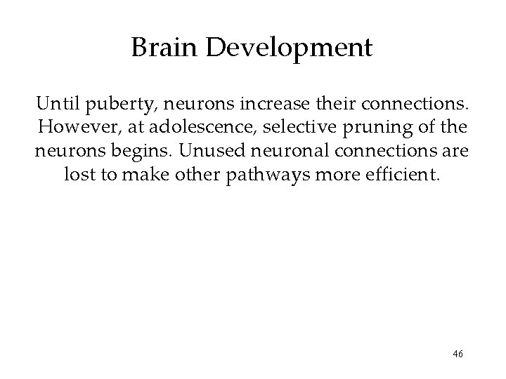 Brain Development Until puberty, neurons increase their connections. However, at adolescence, selective pruning of Brain Development Until puberty, neurons increase their connections. However, at adolescence, selective pruning of