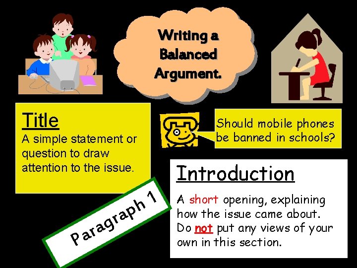 Writing a Balanced Argument. Title Should mobile phones be banned in schools? A simple