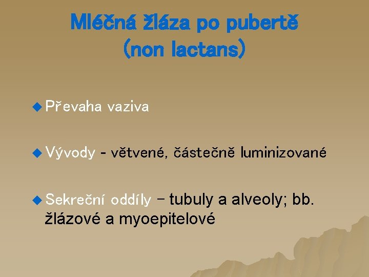 Mléčná žláza po pubertě (non lactans) u Převaha u Vývody vaziva - větvené, částečně