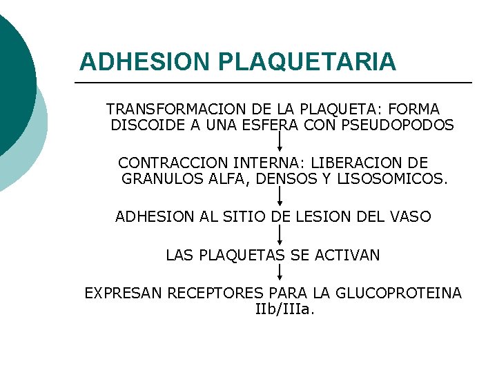 ADHESION PLAQUETARIA TRANSFORMACION DE LA PLAQUETA: FORMA DISCOIDE A UNA ESFERA CON PSEUDOPODOS CONTRACCION