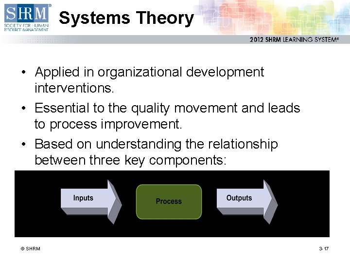 Systems Theory • Applied in organizational development interventions. • Essential to the quality movement