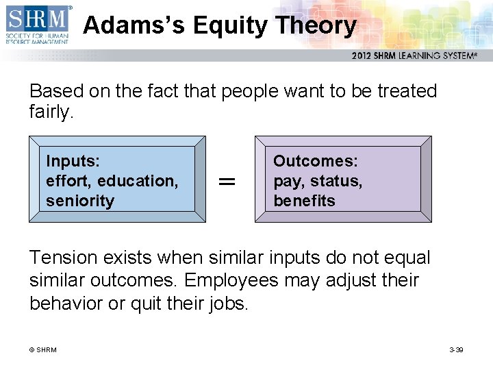 Adams’s Equity Theory Based on the fact that people want to be treated fairly.