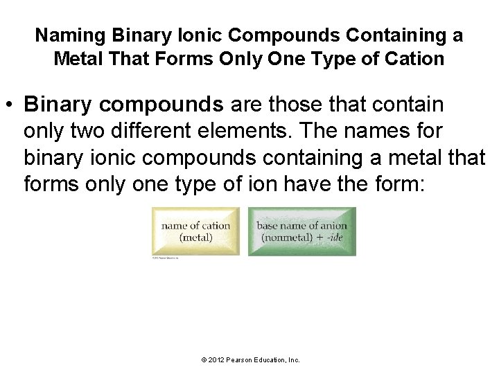 Naming Binary Ionic Compounds Containing a Metal That Forms Only One Type of Cation Naming Binary Ionic Compounds Containing a Metal That Forms Only One Type of Cation