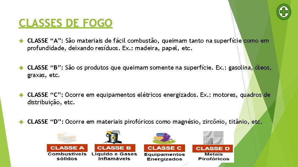 CLASSES DE FOGO CLASSE “A”: São materiais de fácil combustão, queimam tanto na superfície