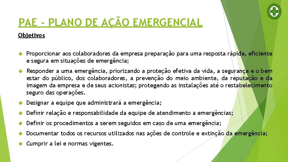 PAE - PLANO DE AÇÃO EMERGENCIAL Objetivos Proporcionar aos colaboradores da empresa preparação para