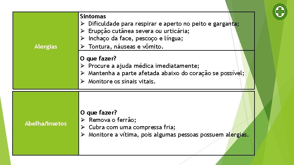  Alergias Abelha/Insetos Sintomas Dificuldade para respirar e aperto no peito e garganta; Erupção