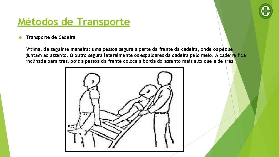Métodos de Transporte de Cadeira Vítima, da seguinte maneira: uma pessoa segura a parte