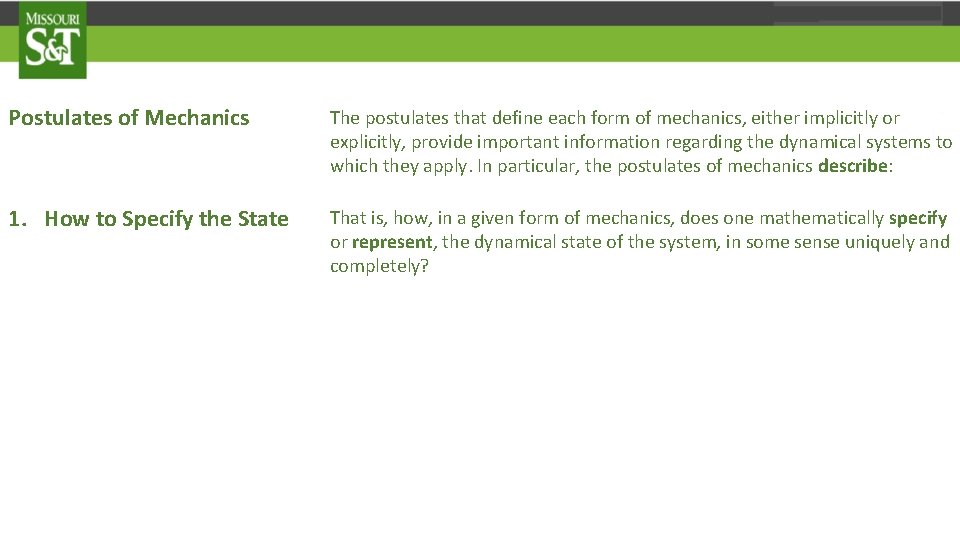 Postulates of Mechanics The postulates that define each form of mechanics, either implicitly or