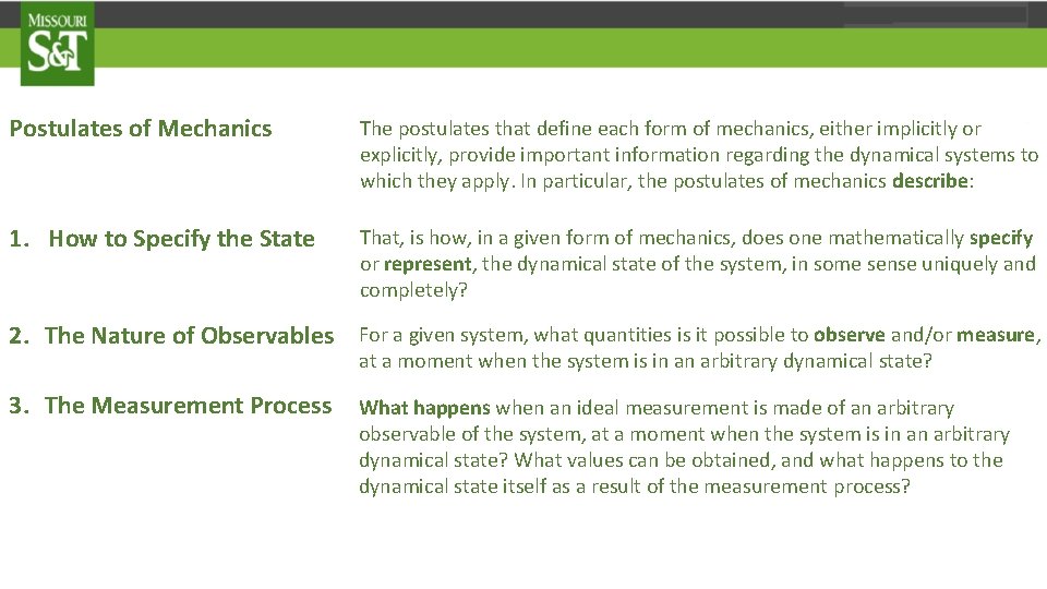 Postulates of Mechanics The postulates that define each form of mechanics, either implicitly or