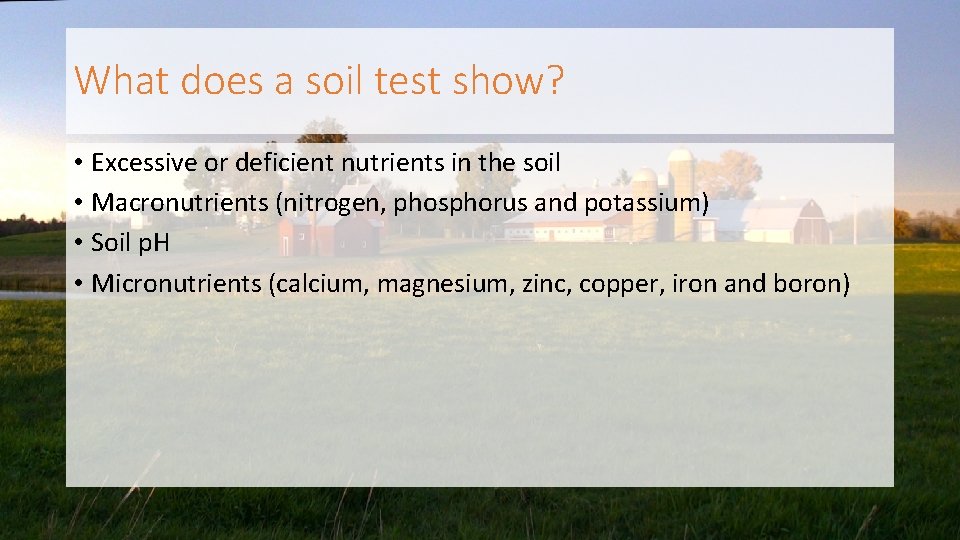 What does a soil test show? • Excessive or deficient nutrients in the soil