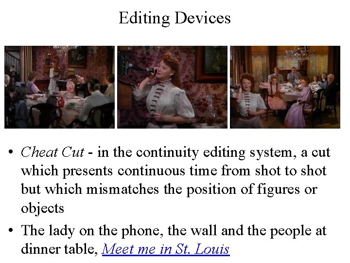 Editing Devices • Cheat Cut - in the continuity editing system, a cut which