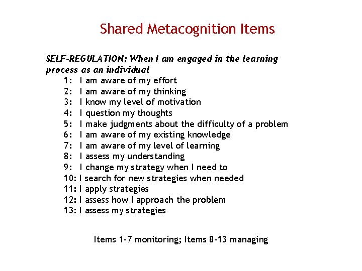 Shared Metacognition Items SELF-REGULATION: When I am engaged in the learning process as an