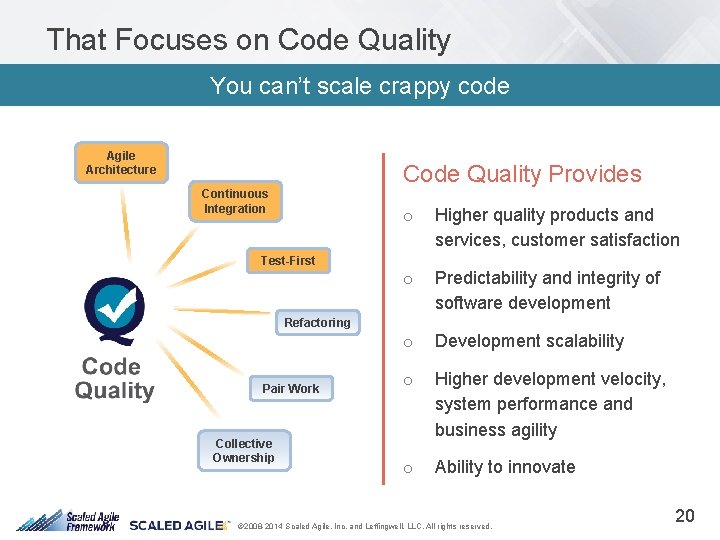 That Focuses on Code Quality You can’t scale crappy code Agile Architecture Code Quality