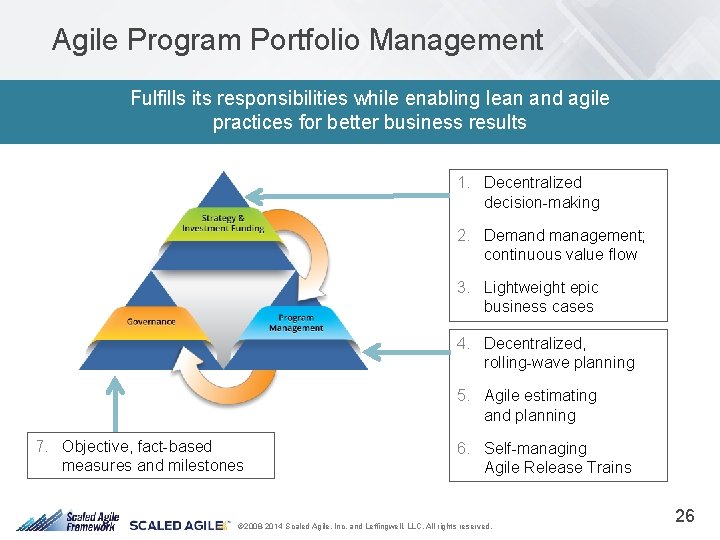 Agile Program Portfolio Management Fulfills its responsibilities while enabling lean and agile practices for