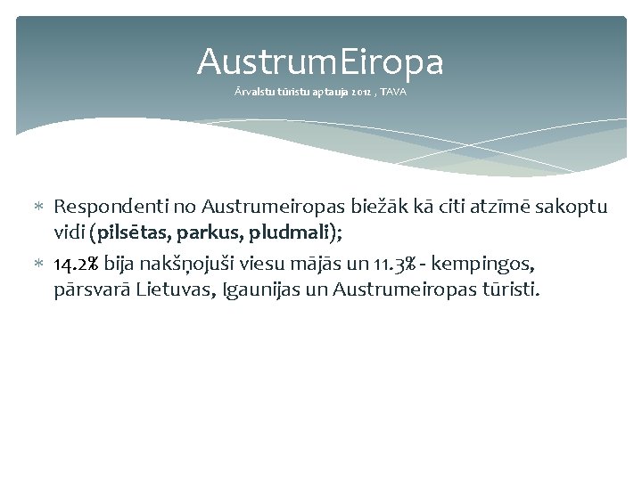 Austrum. Eiropa Ārvalstu tūristu aptauja 2012 , TAVA Respondenti no Austrumeiropas biežāk kā citi