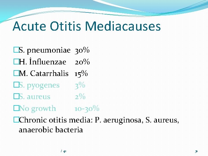 Acute Otitis Mediacauses �S. pneumoniae 30% �H. İnfluenzae 20% �M. Catarrhalis 15% �S. pyogenes