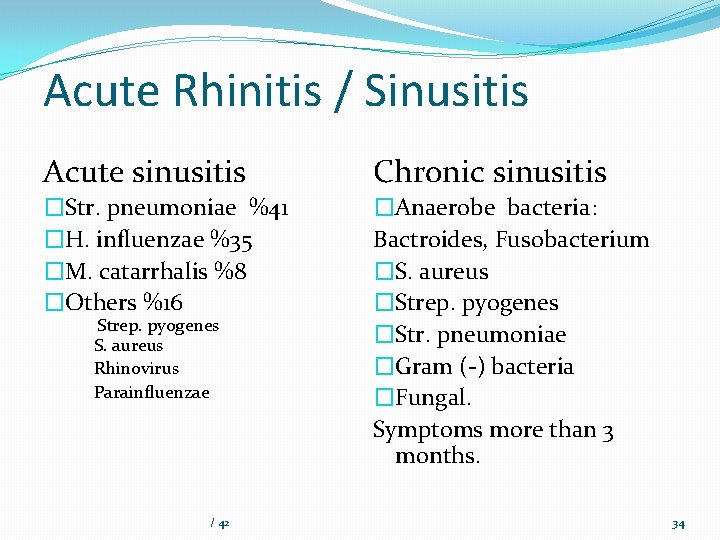 Acute Rhinitis / Sinusitis Acute sinusitis Chronic sinusitis �Str. pneumoniae %41 �H. influenzae %35