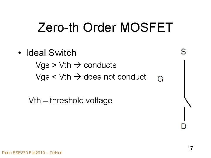 Zero-th Order MOSFET • Ideal Switch Vgs > Vth conducts Vgs < Vth does