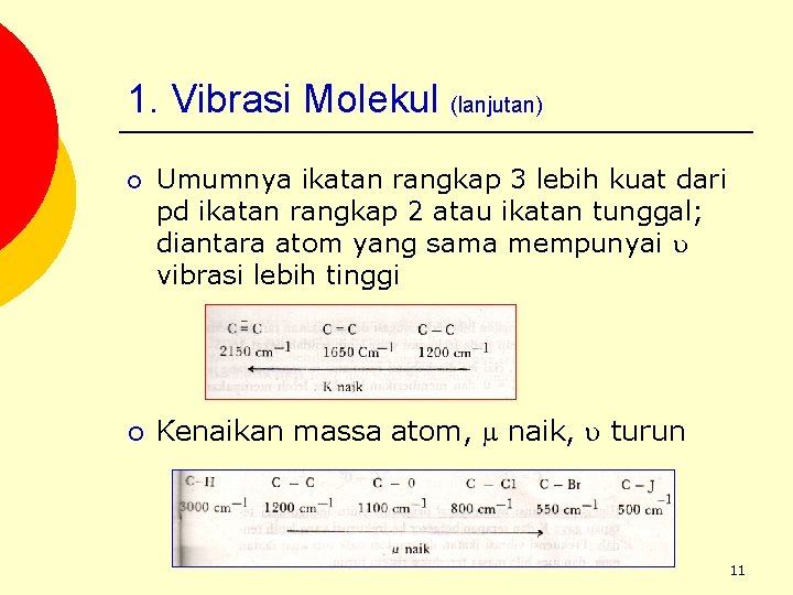 1. Vibrasi Molekul (lanjutan) ¡ ¡ Umumnya ikatan rangkap 3 lebih kuat dari pd