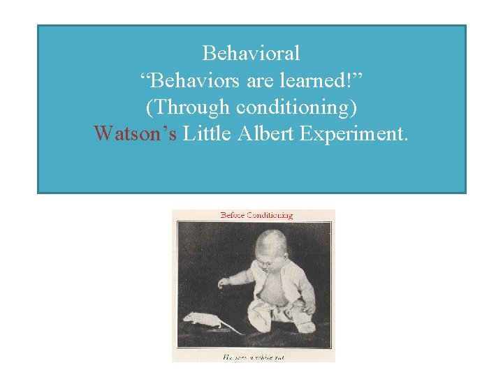 Behavioral “Behaviors are learned!” (Through conditioning) Watson’s Little Albert Experiment. 