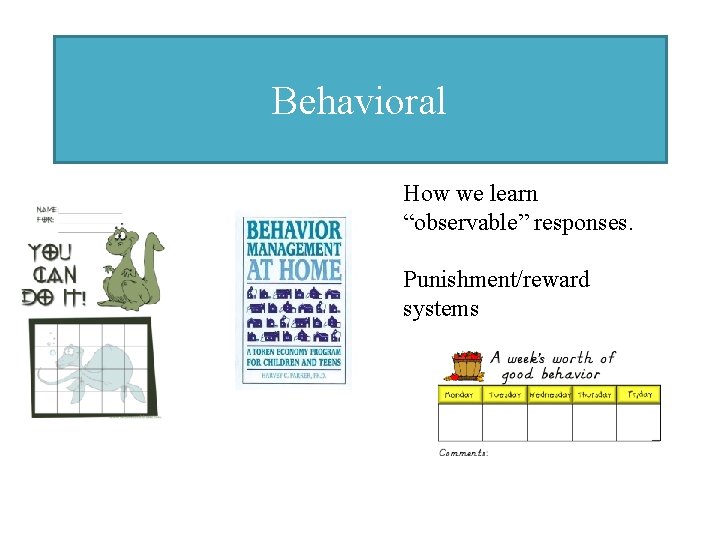 Behavioral How we learn “observable” responses. Punishment/reward systems 