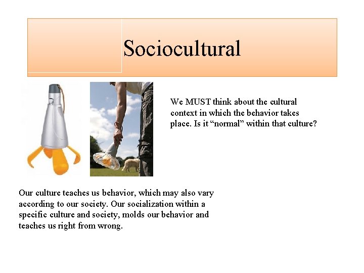 Sociocultural We MUST think about the cultural context in which the behavior takes place.