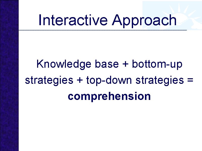 Interactive Approach Knowledge base + bottom-up strategies + top-down strategies = comprehension 