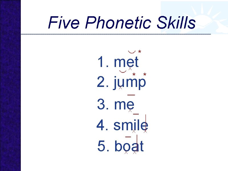 Five Phonetic Skills * 1. met * * 2. jump 3. me 4. smile
