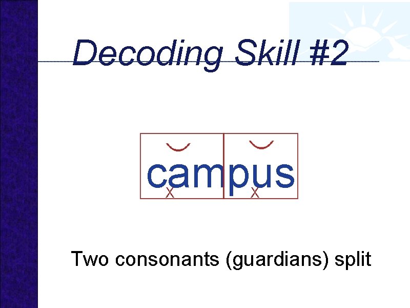 Decoding Skill #2 campus X X Two consonants (guardians) split 