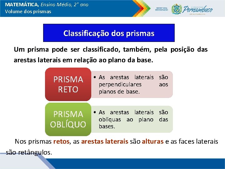 MATEMÁTICA, Ensino Médio, 2° ano Volume dos prismas Classificação dos prismas Um prisma pode