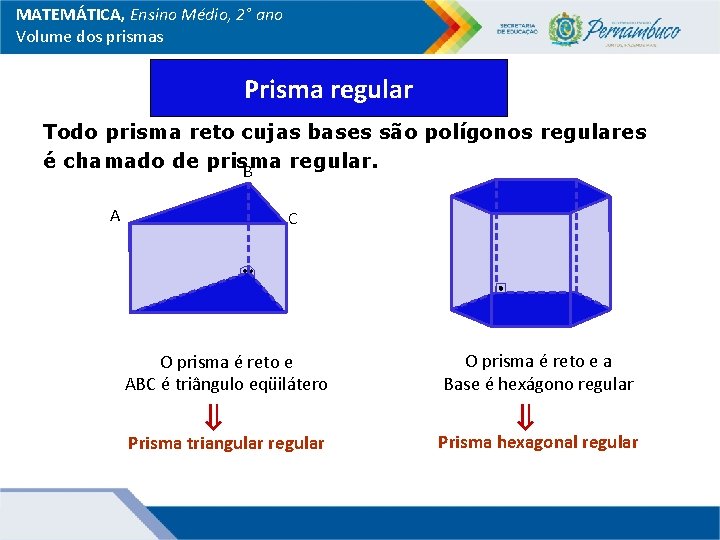 MATEMÁTICA, Ensino Médio, 2° ano Volume dos prismas Prisma regular Todo prisma reto cujas