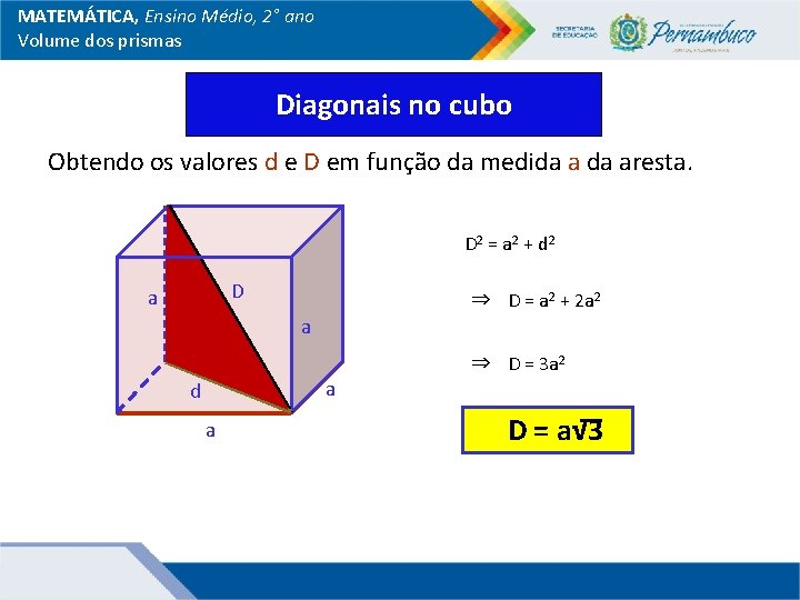 MATEMÁTICA, Ensino Médio, 2° ano Volume dos prismas Diagonais no cubo Obtendo os valores